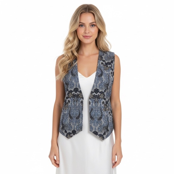 Vintage Boundary Waters Blue Black Boho Print Beaded Vest Size Small Cotton - Picture 1 of 7